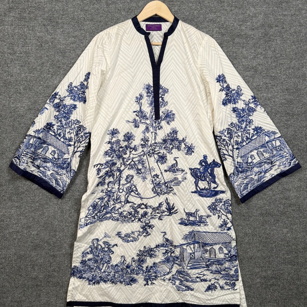 Sana Safinaz Size Medium Tunic Dress Ivory Cotton Herringbone‎ Embroidered Boho